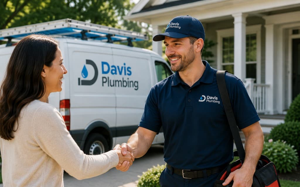 Davis Plumbing technician shaking hands with a homeowner beside a branded service van