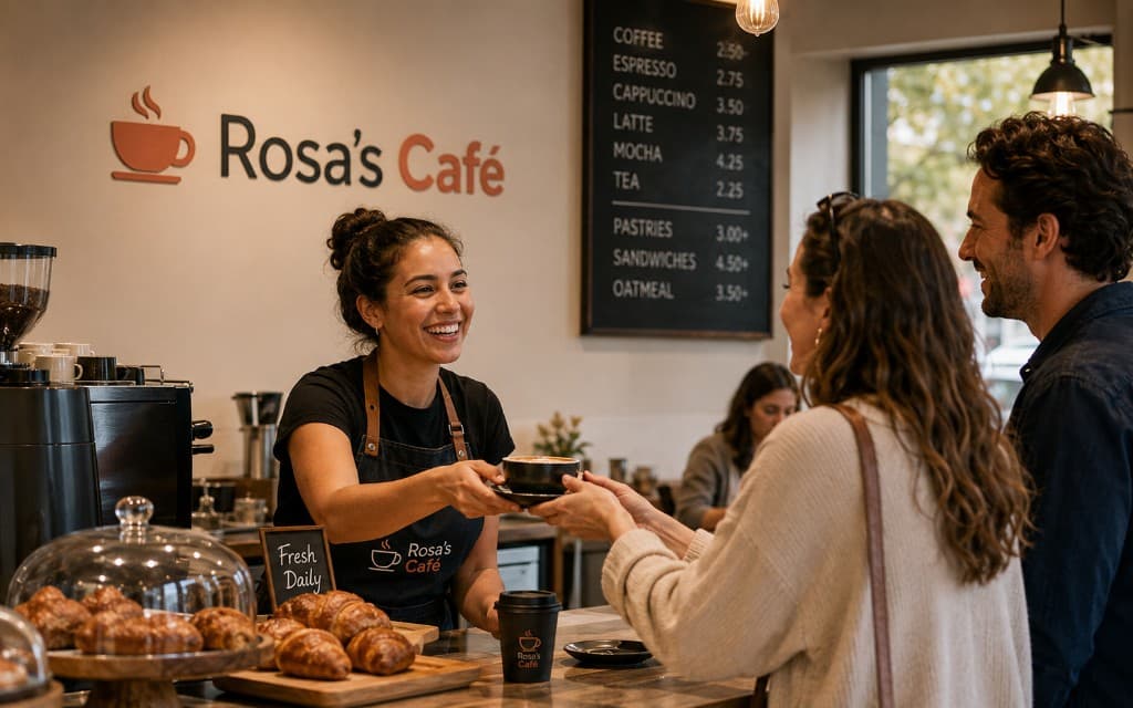 Smiling Rosa's Café barista serving coffee across the counter to customers