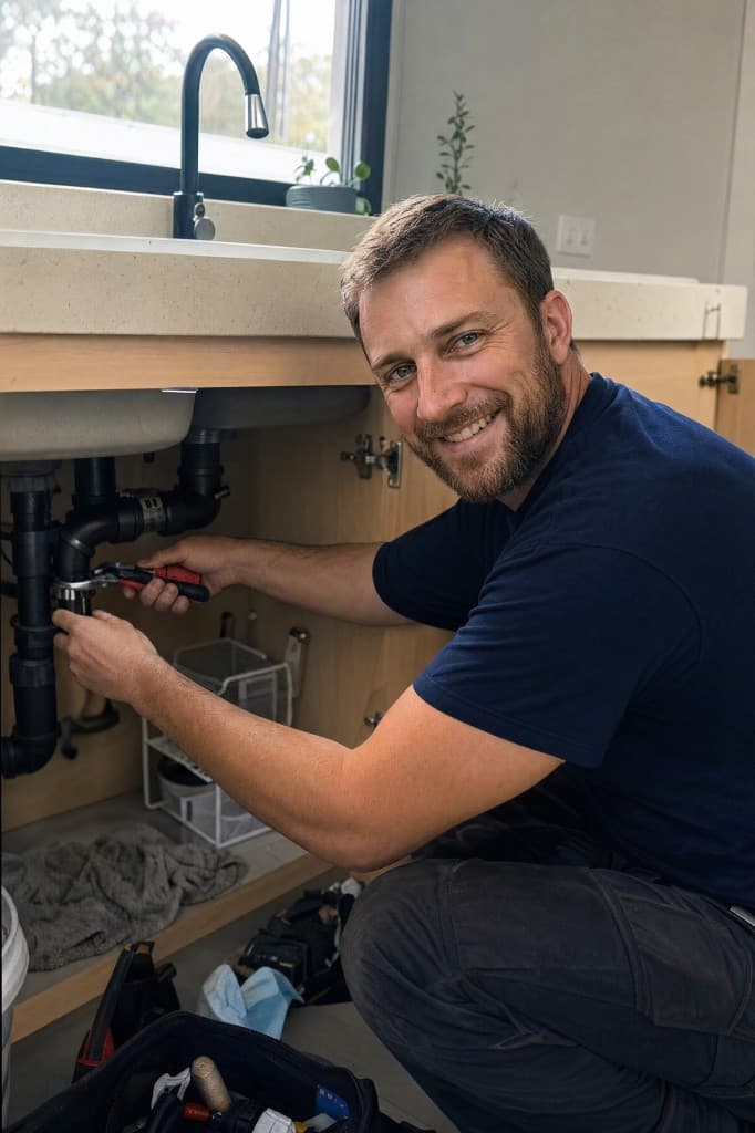 Plumber repairing pipes under a kitchen sink