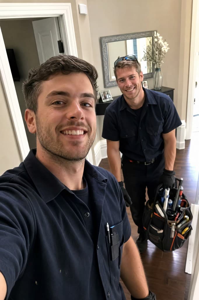 Two smiling plumbers taking a selfie inside a customer's home