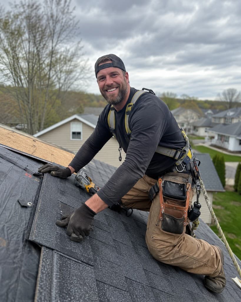Roofer in safety gear installing shingles on a residential roof